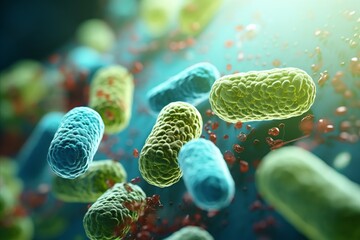 Probiotics in biology   medicine  microscopic science for digestion, ecoli treatment   health care - obrazy, fototapety, plakaty