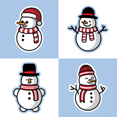 Set of christmas snowmans isolated on white and blue background. Cheerful snowmen in different costumes and scarf and hat.