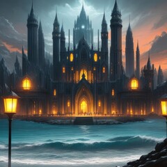 Fototapeta na wymiar illustration of castle dark vibes near the beach