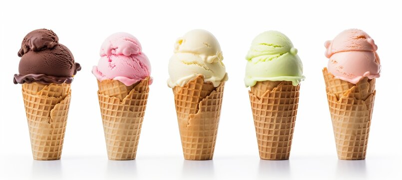 Assorted flavors of ice cream scoops on waffle cone   isolated on white background  png