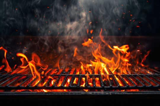 Grill Grate With Charcoal And Flame. Empty Fire Grid On Black Isolated Background.