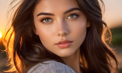 Close up portrait of beautiful young woman on sunset background. Ecology and environment concept	