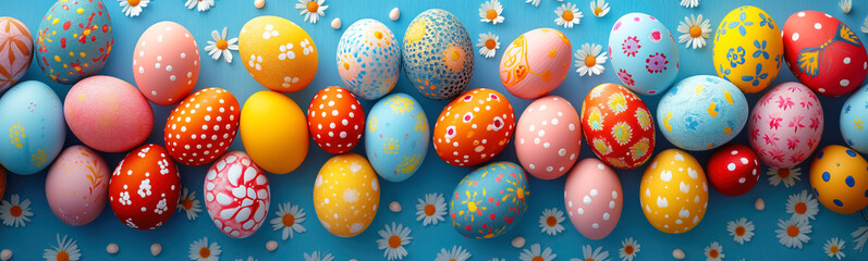 Colourful eggs lying on the blue surface. Easter concept.
