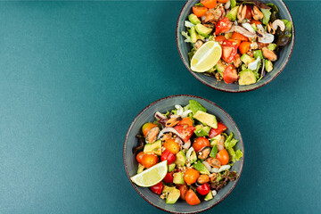 Homemade seafood salad with fish mussels, octopus.