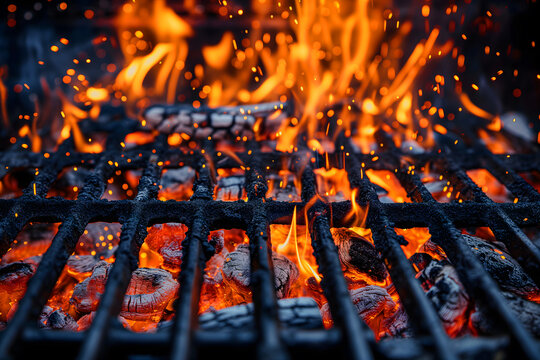 Closeup Of Grill With Fire And Charcoal. Hot empty barbecue BBQ grill with flaming fire and ember charcoal on black background close up