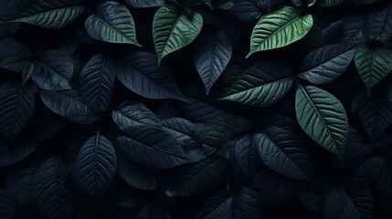 Abstract black tropical leaves texture for dark nature background with copy space.