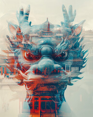 Transparant head of chinese dragon looking in camera with inside his head traditional chinese landscape, in the style of double exposure