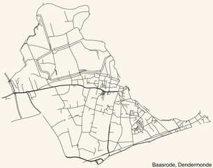 Detailed hand-drawn navigational urban street roads map of the BAASRODE COMMUNITY of the Belgian municipality of DENDERMONDE, Belgium with vivid road lines and name tag on solid background