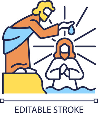 Baptism of Jesus RGB color icon. Traditional ritual. River Jordan. Jesus Christ and John the baptist. Biblical scene. Isolated vector illustration. Simple filled line drawing. Editable stroke