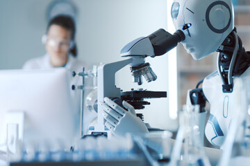 AI robot examining samples under a microscope