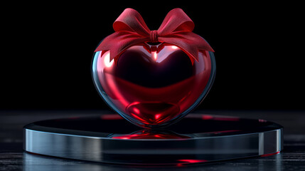 Valentines day romantic heart gift with red ribbon on a black podium.