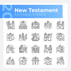 New testament linear icons set. Life of Jesus Christ. Creed christian religion. Faith in God. Holy bible. Customizable thin line symbols. Isolated vector outline illustrations. Editable stroke
