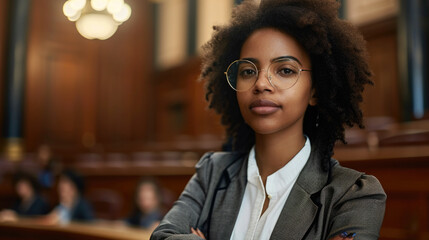 Picture of African American confident lawyer in a courtroom, advocating for justice - obrazy, fototapety, plakaty