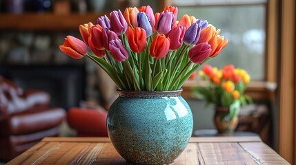Symphony of Petals: Tulips on a Rustic Table