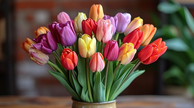 A rustic wooden table adorned with a vibrant emerald tablecloth bears a radiant bouquet of tulips, their petals unfurling in a symphony of crimson, pink, and gold.