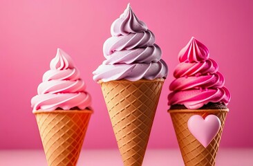 three cones with strawberry ice cream. Heart