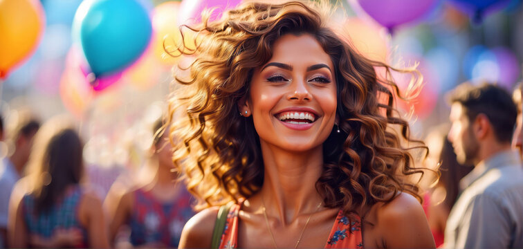 A Free Spirit Happy Woman At A Event. Soft Colorful Blur Background