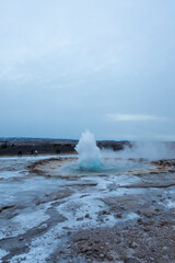 Geysir park erupting in Iceland in winter conditions