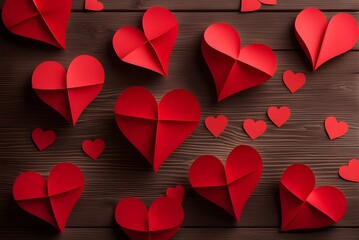Romantic ambiance: Red paper hearts delicately arranged on a wooden backdrop.
