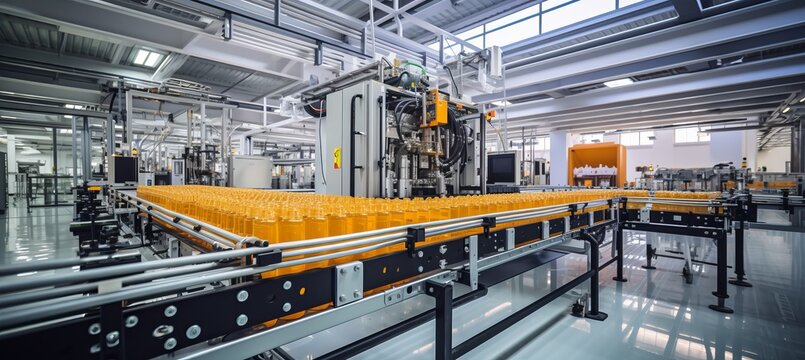 Modern beverage factory interior with conveyor system for juice bottles production
