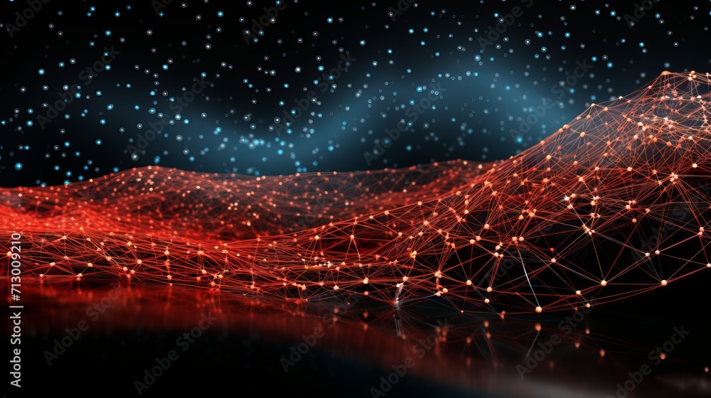 Poster vibrant abstract red mesh background with futuristic technology particles and modern design