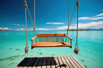 Swing over clear water. Paradise holiday. Generated by artificial intelligence