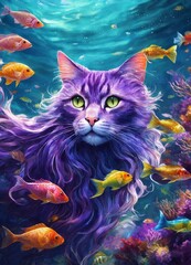 Fototapeta na wymiar A purple cat dived into the sea and watches the fish. Fantasy. A pleasant dream of a cat.