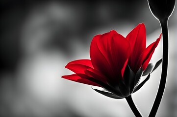 Striking red flower blooms in a captivating contrast against a timeless black and white backdrop, a vivid splash in monochrome elegance.