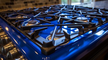 Blue kitchen gas stove flame with black cast iron frame near in modern kitchen interior