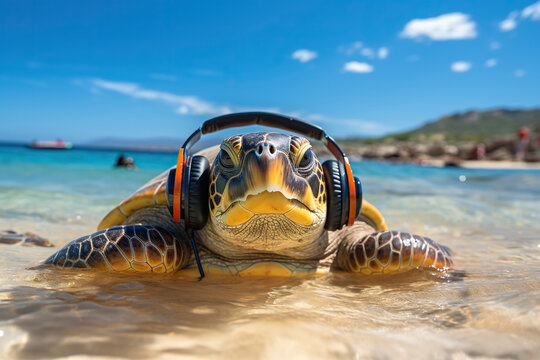 Turtle on the beach wearing large headphones. Vacation concept. Generated by artificial intelligence