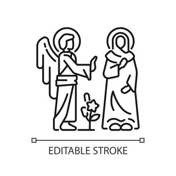 Annunciation linear icon. Virgin Mary with Angel Gabriel. Mary becomes mother of Jesus Christ. Biblical scene. Thin line illustration. Contour symbol. Vector outline drawing. Editable stroke