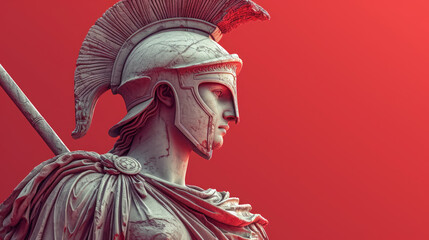 Head in helmet Greek ancient sculpture of warrior, red clean background. - obrazy, fototapety, plakaty