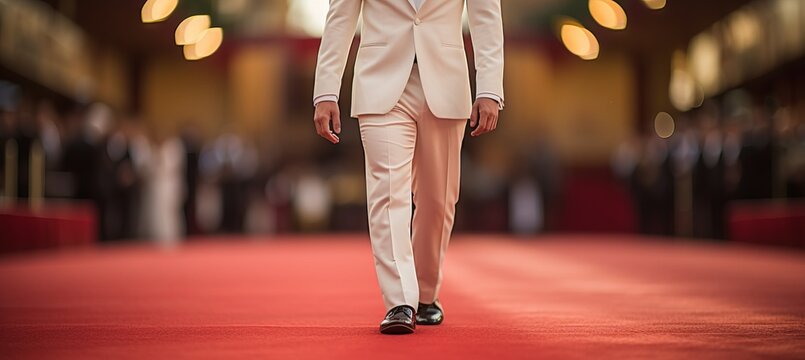 Stylish man in white fashion dress and high heels at movie premiere walking on red carpet