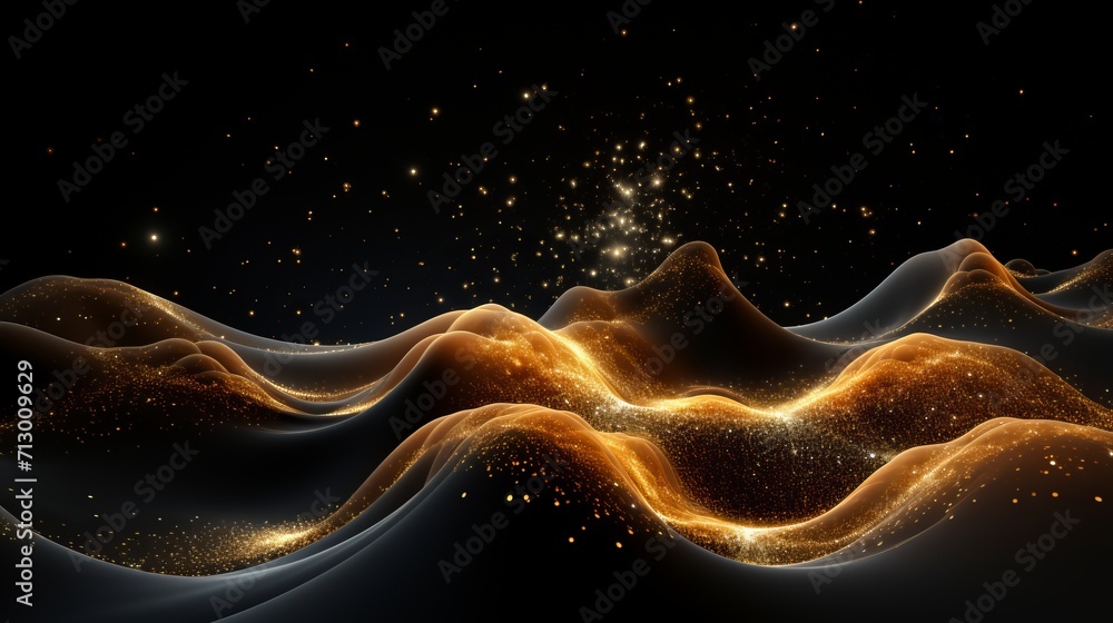 Poster gold wave of dots and lines on dark cyberspace background technology concept for data and security
