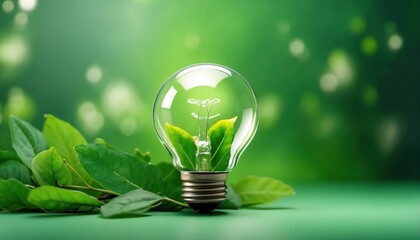 Environment banner with light bulb with green leaves on green background
