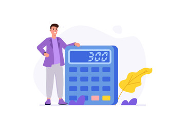 Man with big calculator. Vector illustration.