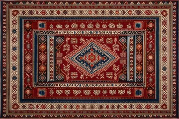 A display of hand-woven Chiprovtsi Carpets featuring ethnic motifs and rich, vivid colors created using weaving equipment.