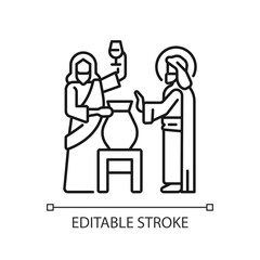 First miracle linear icon. Jesus Christ turns water into wine. Wedding at Cana. New testament. Biblical scene. Thin line illustration. Contour symbol. Vector outline drawing. Editable stroke