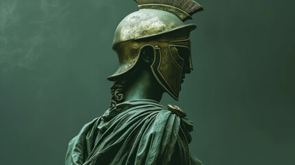 Head in helmet Greek ancient sculpture of warrior, green clean background. - obrazy, fototapety, plakaty
