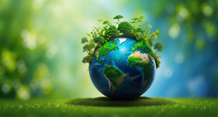 green planet earth, earth with plant and tree grow in green bokeh background banner, earth day wide banner with copy space