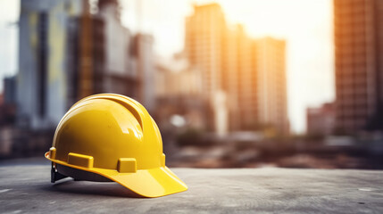 Workman yellow safety helmet for construction site - obrazy, fototapety, plakaty