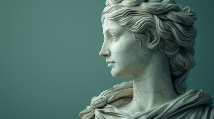 Ancient Greek goddess sculpture on green background.