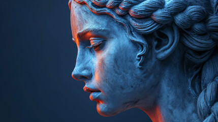 Ancient Greek goddess sculpture on blue background.