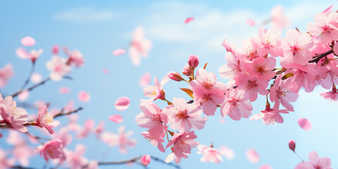 Blooming pink cherry close-up in the wind against the sky, spring background