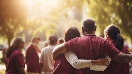 Diverse volunteers embracing in unity – rear view of men and women coming together at community event, embodying the spirit of volunteerism

