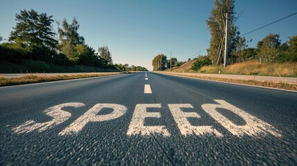 Initial text concept "speed" on the highway for planning and problem solving or career growth, business strategy, opportunity and change against a clear, blue sky background.