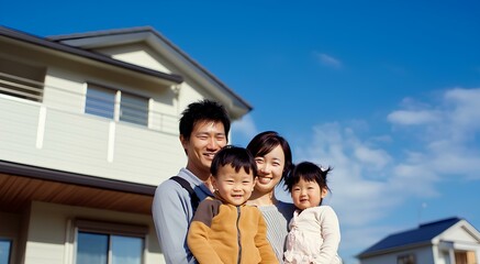 A happy japanese family of four, standing in front of their new home, against the blue sky. generative AI