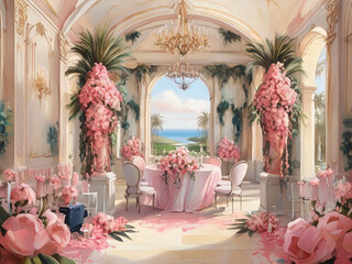 Wedding Venue Painting with Floral Arrangements and Pink Parrot