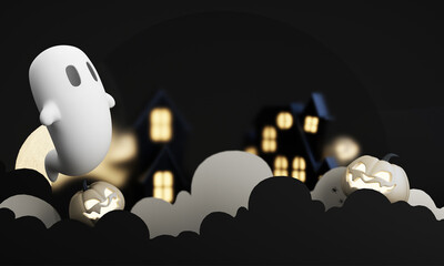 Dark Halloween background with spooky house, tree, cute ghost,  pumpkin, bat at night. Happy Halloween banner. with night sky and full moon. 3d rendering cartoon style on black background - 713010670