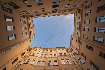 View up into the sky from the courtyard-well in St. Petersburg , Russia.